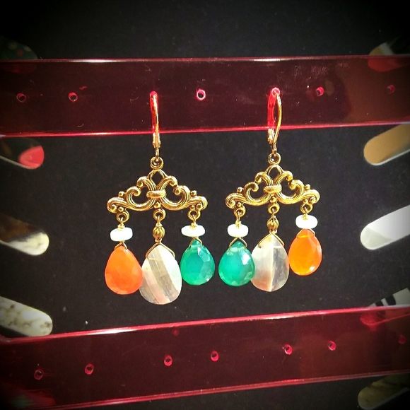 gen stones;Calcedony,Carnelian,14KGF Earrings. 2" - Picture 5 of 6